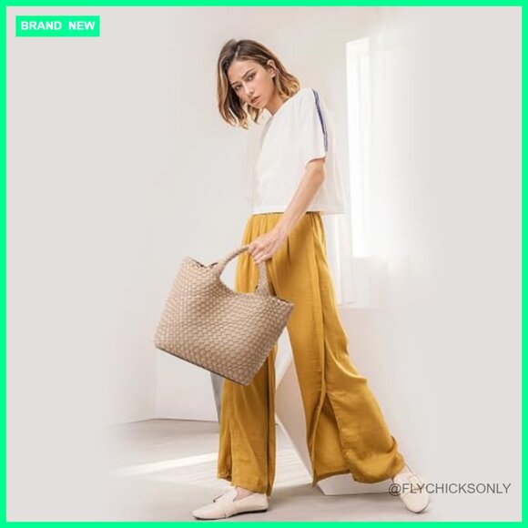 Vegan Leather Tote Shoulder Bag with Clutch, Faux Leather Woven Handbag - Picture 2 of 7